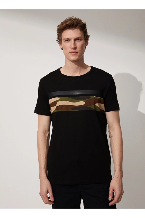 Tegelek Ýaka Şekilli Gara Erkek T- Shirt M014 - 18403035