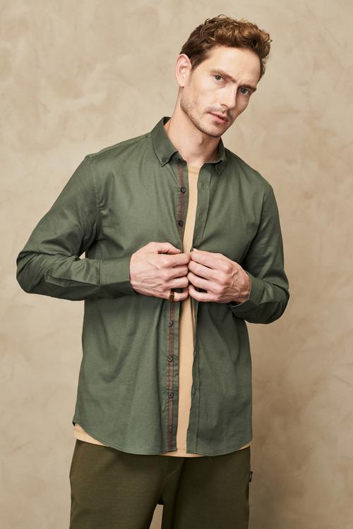Slim Fit dar biçüwli ilikli ýakaly gabardin nagyşly haki köýnek - 23994763
