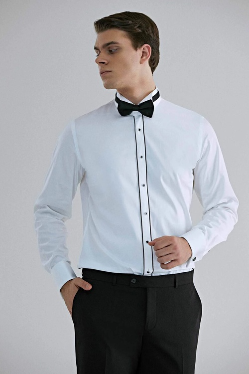 Slim fit ak düz ata ýaka duble manžet smokin köýnegi - 22283698