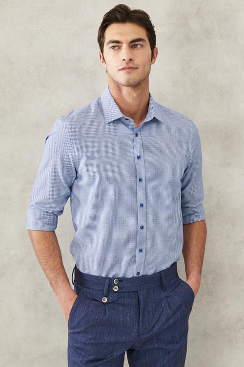 Slim Fit Dar Biçim Klassik Ýaka Armürlü Ýeňli Ak- Gara-gök Köýnek - 25083911