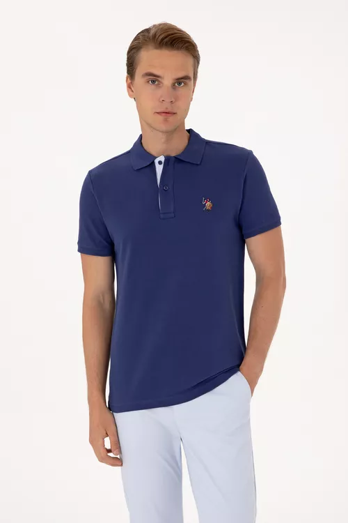 Erkek Slim Fit polo ýaka açyk goýy gök basic futbolka - 27653247