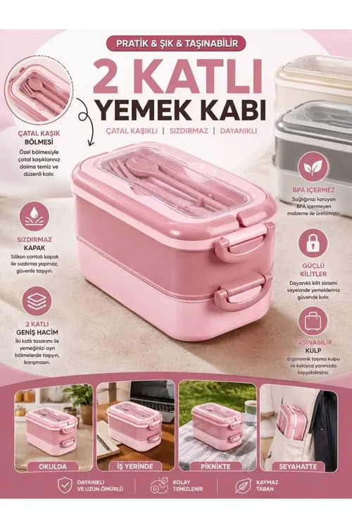 2 Gatly Taşınabilir Yemek Kabı/ Çatal Kaşıklı Beslenme Saklama Kutusu - 37097550