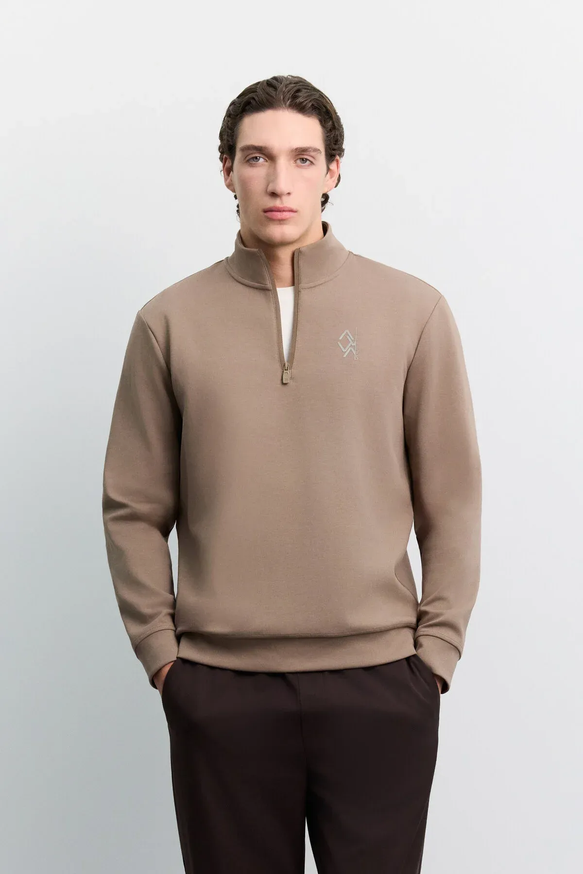 Erkek Vizon Dik Ýaka Syrmaly Göwüs Şekilli Interlok Sweatshirt A62y1310 - 37040152 — surat 1/7