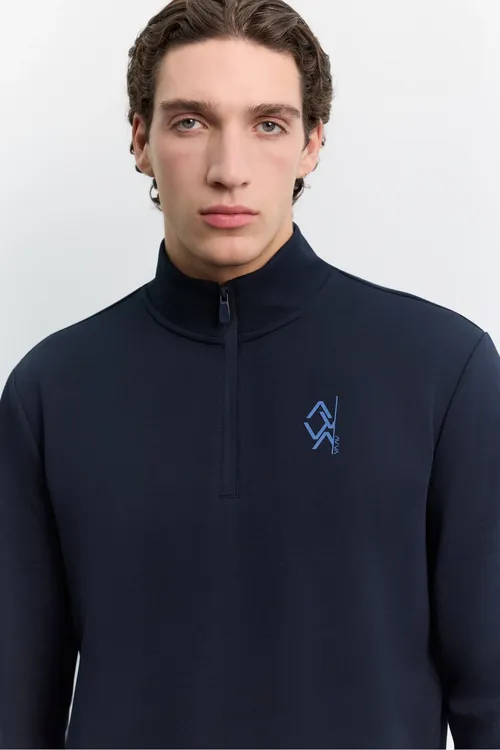 Erkek Gara-gök Dik Ýaka Syrmaly Göwüs Şekilli Interlok Sweatshirt A62y1310 - 37040149