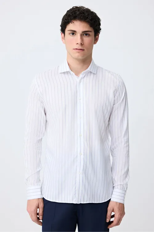 Slim Fit Kırık Ak Çyzykly Köýnek - 37080596