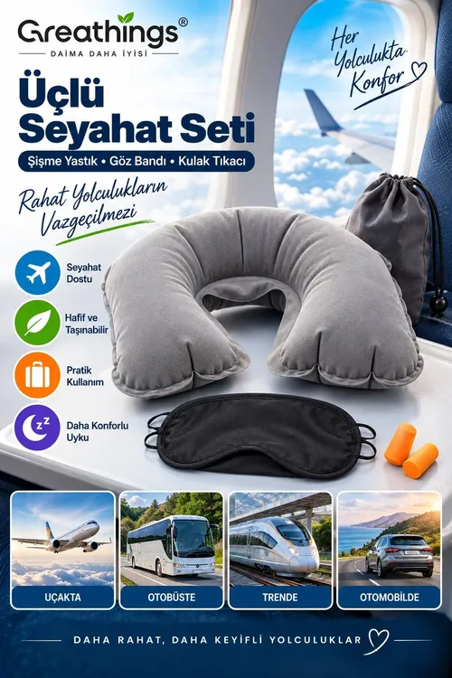3' Lü Seyahat Seti Boyun Yastığı Uyku Göz Rezini Kulak Tıkacı Uçak Otobüs - 37126729