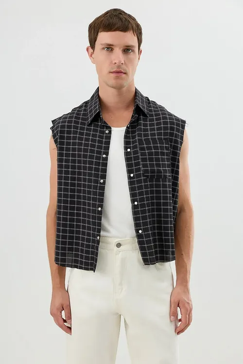 Gara Boxy Fit Erkek Ýeňsiz Erkek Köýnek - 37070691