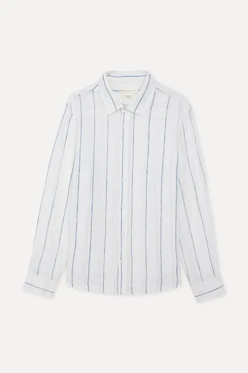 Erkek Kırık Ak Çyzykly Regular Fit Keten Köýnek - 37061401