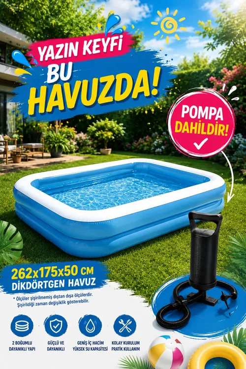 262x175x50 Cm Dikdörtgen Aile Havuzu + 30 Cm Iki Fonksiyon El Pompası Dahil - 37067826