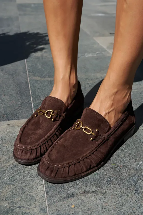Ginto Gyz-gelin Goňur Hakiki Suet Buzgulu Ithal Gotazjyk Makosen Dikisli Loafer Aýakgap - 37109979