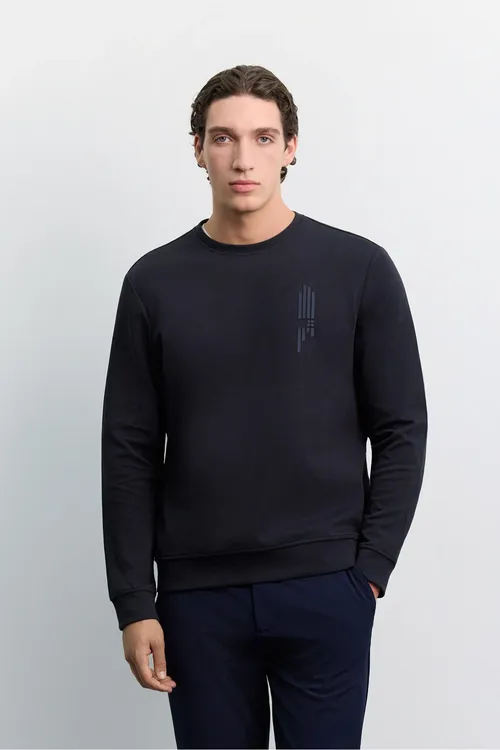 Erkek Gara-gök Tegelek Ýaka Boýuna Çyzyk Silikon Şekilli Interlok Sweatshirt A62y1297 - 37040136