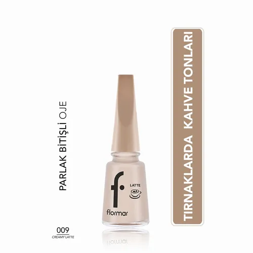 Flormar goýy reňkli ýalpyldawuk goňur tonly dyrnak boýagy 009 Creamy Latte - 31077023