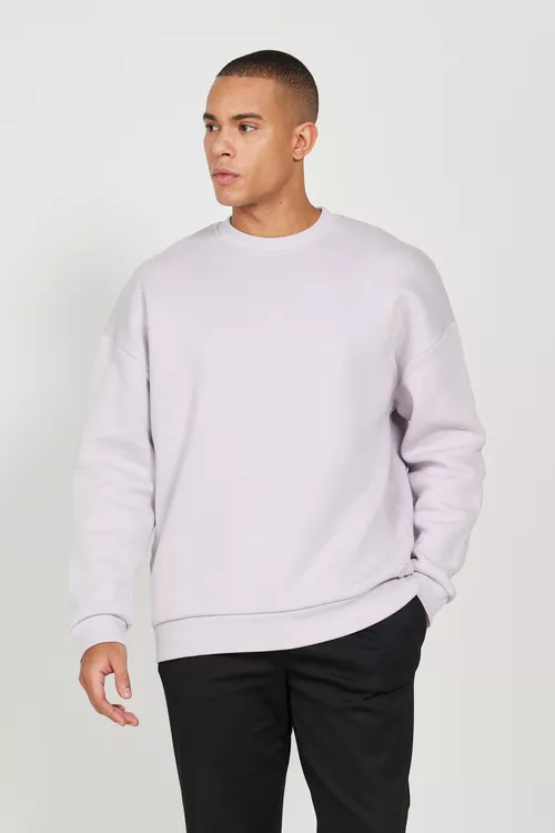 Oversize giň biçüwli içi polýarly 3 iplikli tegelek ýakaly pagtaly lila swıtşot - 23995366