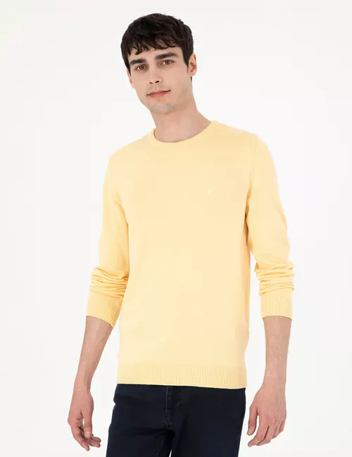 Slim Fit açyk sary ýönekeý trikotaž switer - 25660650