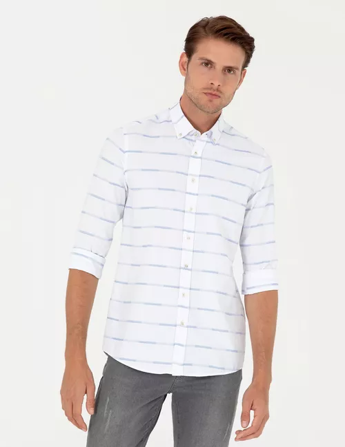 Gök reňkli uzyn ýeňli Slim Fit köýnegi - 25102247