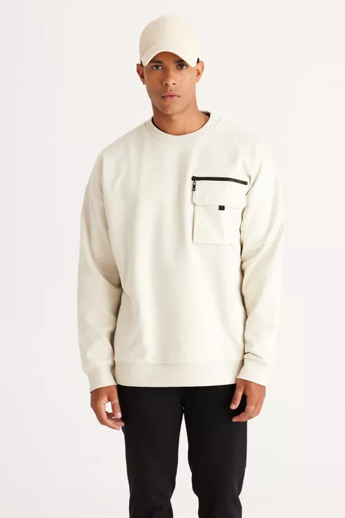 Oversize giň biçüwli tegelek ýakaly 100% pagtaly sarymtyl (bej) switşot - 23994593