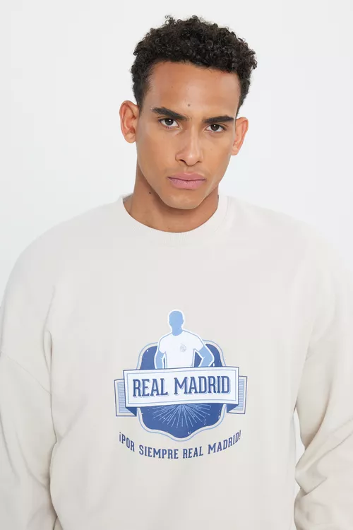 Giň Fit Bol Biçim Real Madrid Lisansli 3 Ýüplük Pagta Tegelek Ýaka Açyk Bejevy Sweatshirt - 23995827 — surat 4/5
