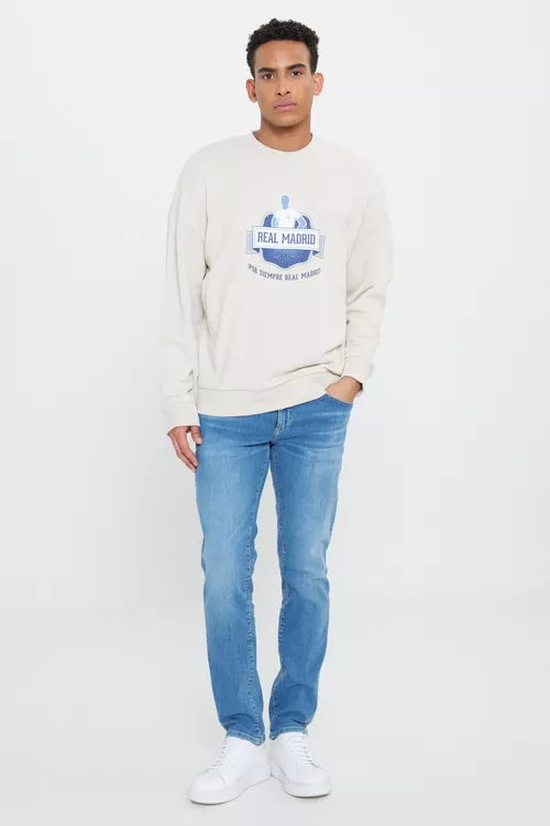 Giň Fit Bol Biçim Real Madrid Lisansli 3 Ýüplük Pagta Tegelek Ýaka Açyk Bejevy Sweatshirt - 23995827 — surat 2/5