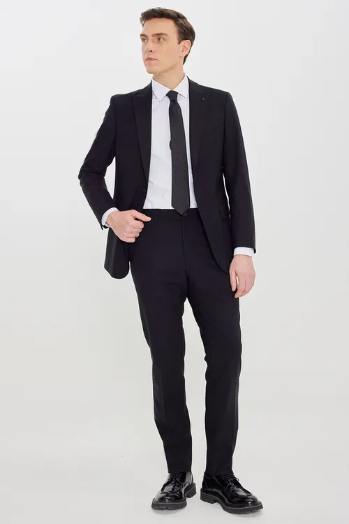 Ýüňli Slim Fit dar biçüwli gyrlygaç ýaka gapak jübtüli çeýe gara kostýum - 34194407