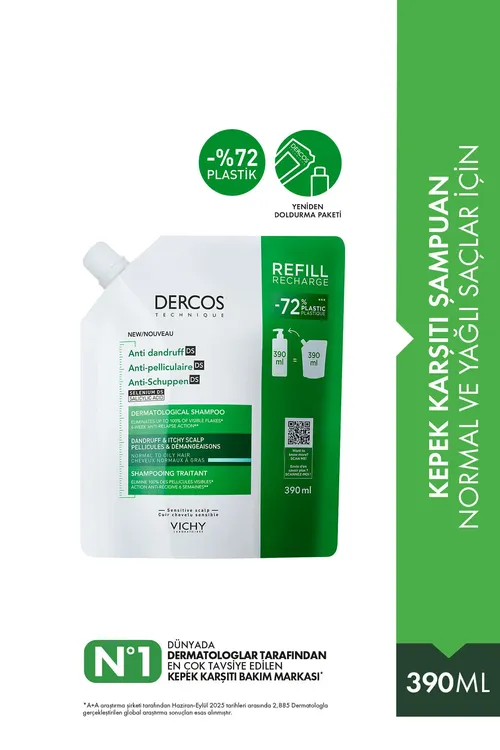 Dercos goňaga garşy kadaly/ýagly saçlar üçin şampun, zapas paketi 390 ml - 34275864