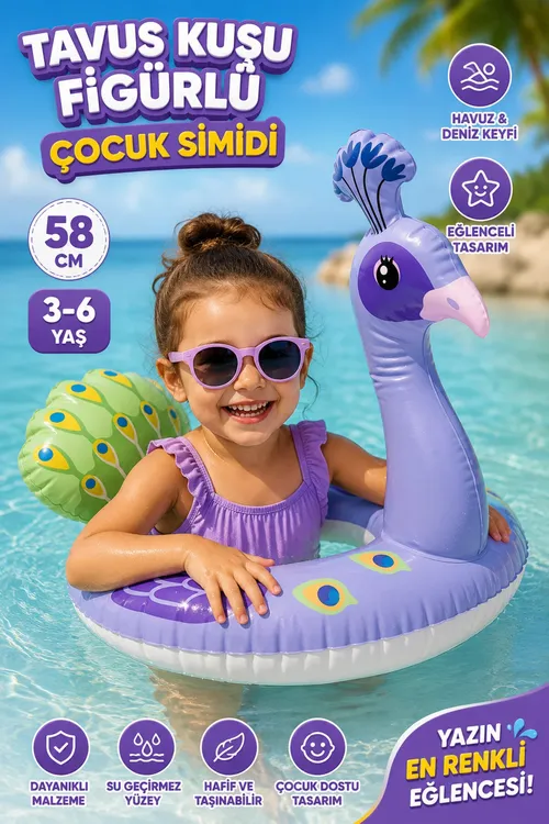 Tawus guşy şekilli 58 sm çagalar üçin çişirilýän teker – howuz, deňiz we ýüzüş halkasy (3-6 ýaş) - 36375822