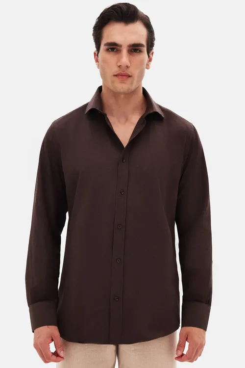 Ds Damat Slim Fit goýy goňur klassyk galstukly uzyn ýeňli ýeňil ütülenýän erkek köýnegi - 28871528