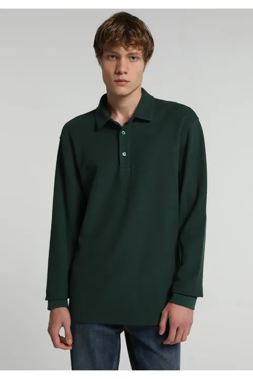 Relaxed Fit Polo Ýaka Tekiz Erkek Ýaşyl Ýeňli Tişört - 37199074