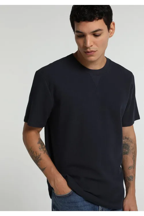 Regular Fit tegelek ýakaly bir reňkli goýy gök erkek gysga ýeňli tişörti - 37191393