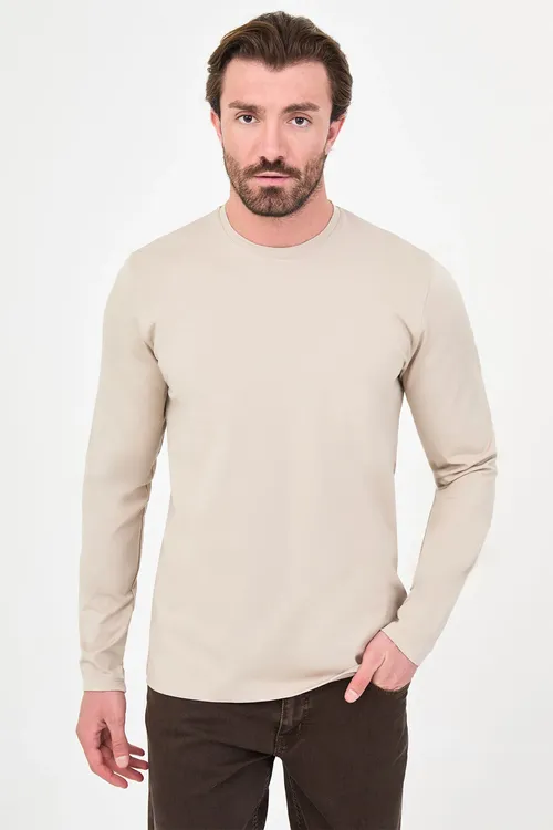Tekiz Slim Fit Beýik Tegelek Ýaka Pagta Ýeňli Erkek T- Shirt Bejevy- 36900. 26k - 37202143