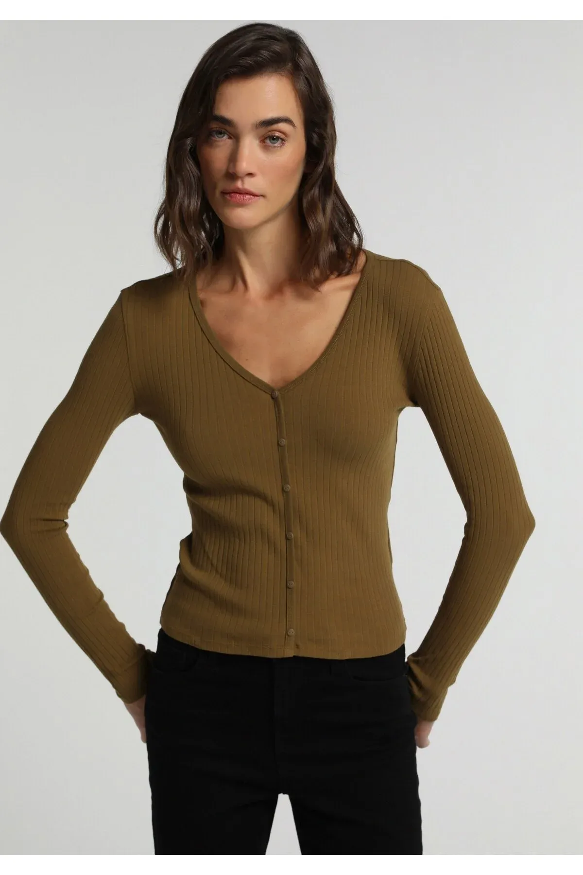 Slim Fit V Ýaka Tekiz Gyz-gelin Ýeňli Tişört - 37197366 — surat 1/6