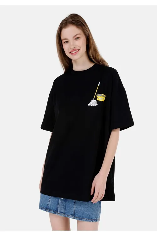 Comfort Fit Tegelek Ýaka Gyz-gelin Gara Ýeňsiz Tişört - 37193890