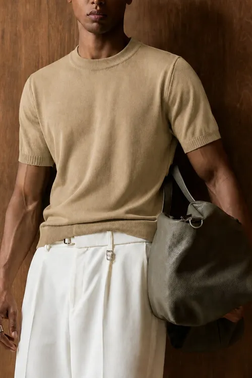Erkek Tegelek Ýaka Ýeňsiz Inçe Trikotaž Slim Fit Gündelik Görnükli Trikotaž T- Shirt - 37157065