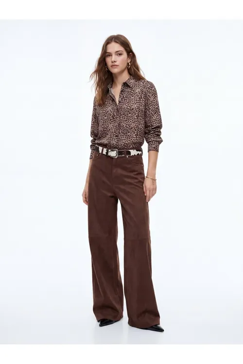 Straight Fit Leopar Nagyşly Ýeňli Gara Köýnek - 37166997