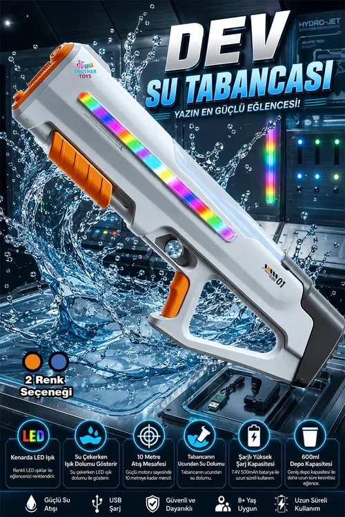 Dev Boý Otomatik Atış Yapan Işıklı Elektrikli 10 Metre Menzil 600 Ml Depo Suw Tabancası 62 Cm. - 37154934