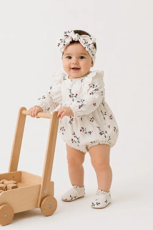 Täze doglan çagalar üçin ýürek nagyşly romper, el bilen dokalan ýa-da bandana we pätik toplumy - 37146317