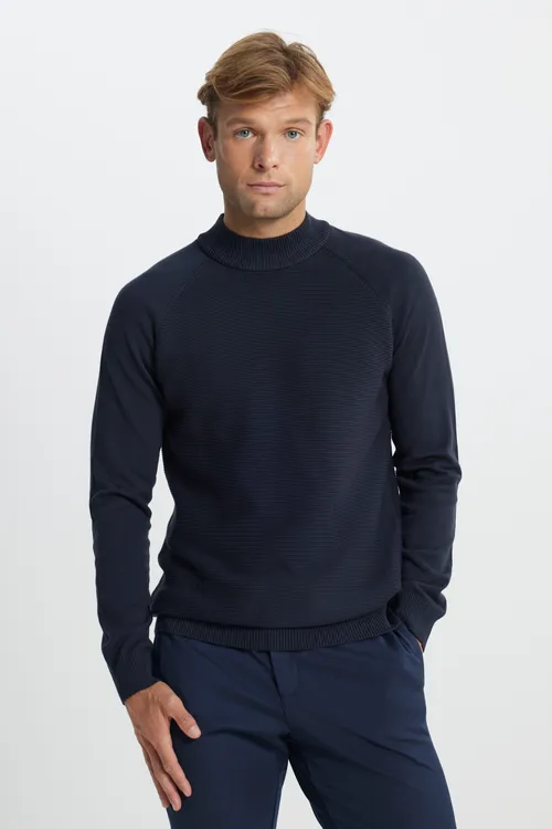Standard Fit dik ýakaly goýy gök jemperi - 28779085