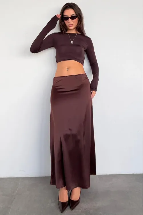 Gyzgyn goňur saten midi boý şyk aýallar ýöpgüni MG2637 - 33993302 — surat 3/6
