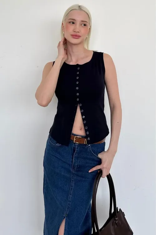 Goýy gök tegelek ýaka ilikli aýal bluzasy MG2638 - 33993330