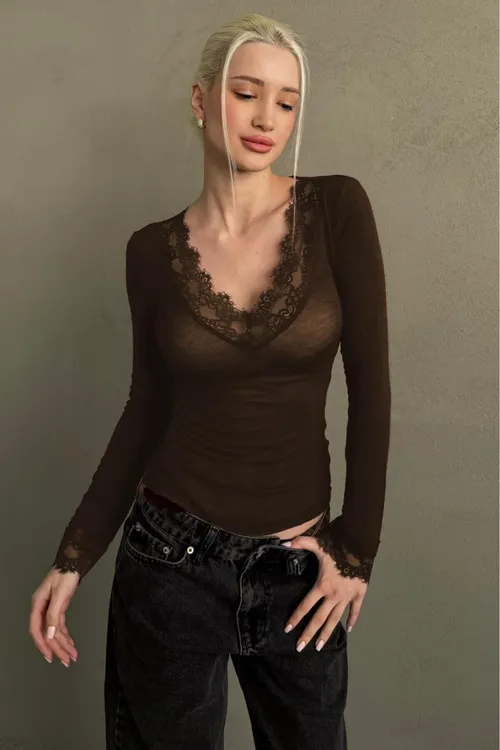 Goňur V ýaka dantelli dury aýallar bluzi MG2662 - 33993250