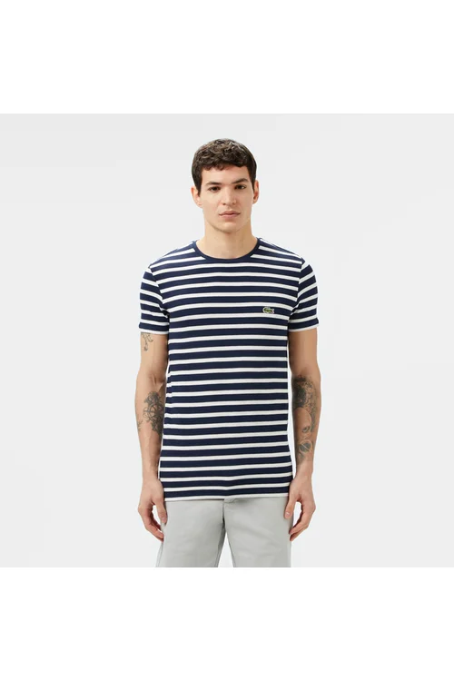 Erkek adamlar üçin Slim Fit tegelek ýakaly çyzgyly goýy gök futbolka - 34118607