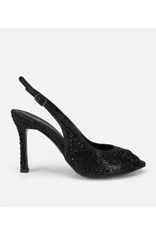 Aýal satin gara daşly burny açyk topukly sandal - 34285237