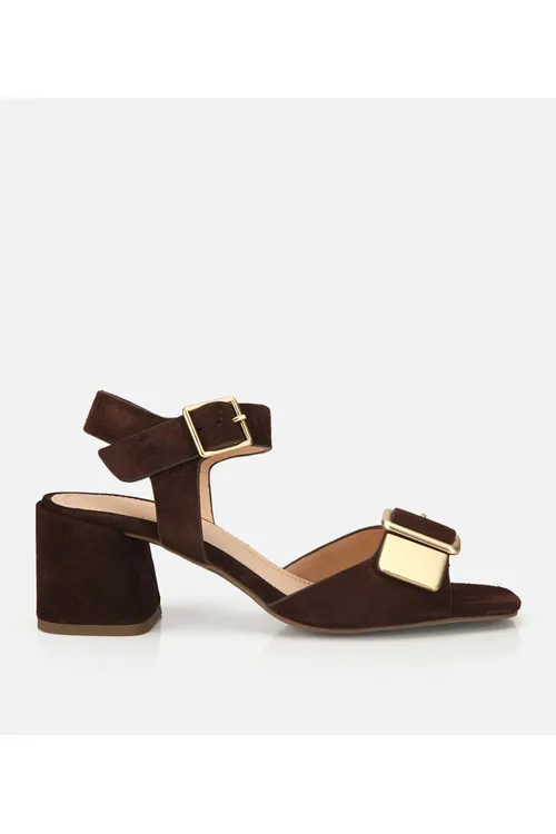 Aýal suede deri goňur altyn detallary bolan bantly topukly sandal - 34285315