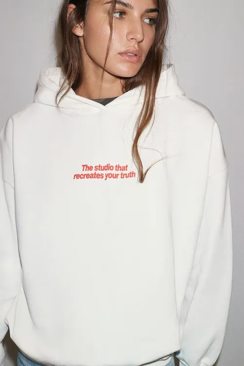 Ak Ýazgyly Kapuşonly Sweatshirt - 37208860