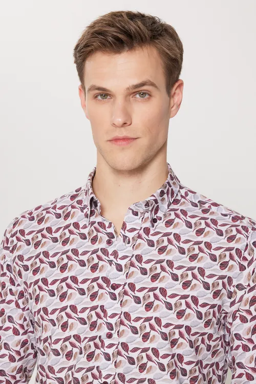 Bež-bordo reňkli Slim Fit ilikli ýakaly nagyşly 100% pagta köýnekçe - 33998061 — surat 4/10