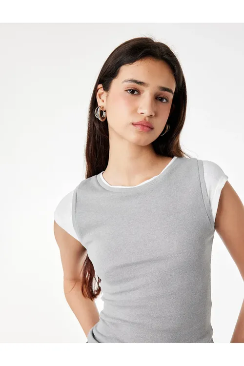 Slim Fit tegelek ýakaly gysga ýenli ikili tişört - 36359968