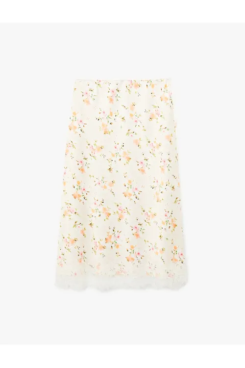 Dantel detallary bolan gül nagyşly kloş midi satin ýubka - 34123442