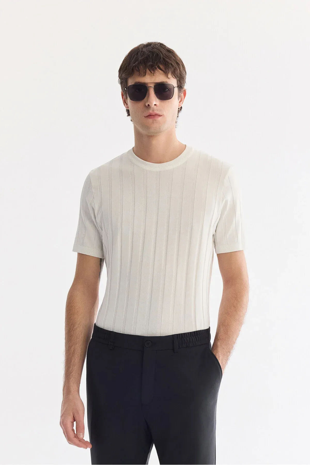 Erkekler üçin gara reňkli, ýan jibli, bili rezinli Lightweight Comfort Slim Fit şlywar A61Y3209 - 35483900 — surat 7/7