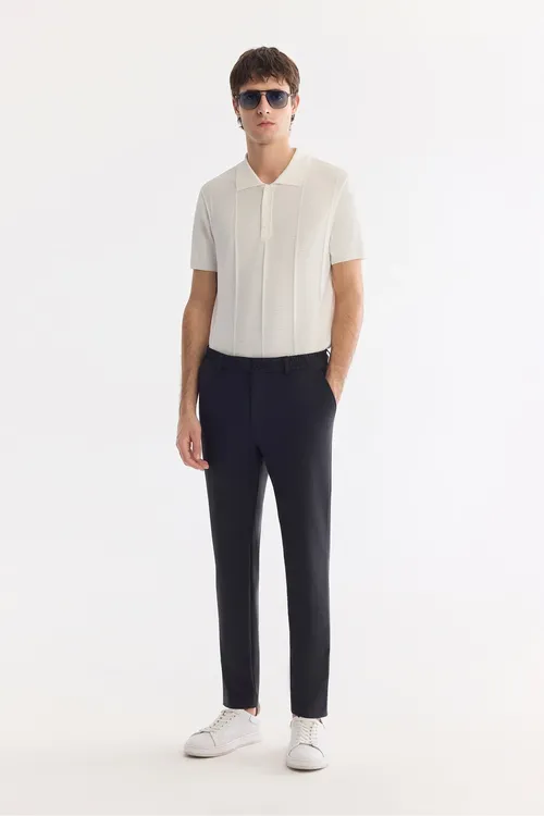Erkekler üçin goýy gök reňkli, ýan jibli, bili rezinli Lightweight Comfort Slim Fit şlywar A61Y3209 - 35483902