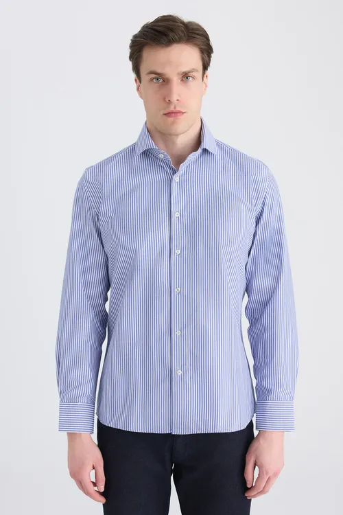 Ds Damat Slim Fit goýy gök zolakly köýnek - 34130873