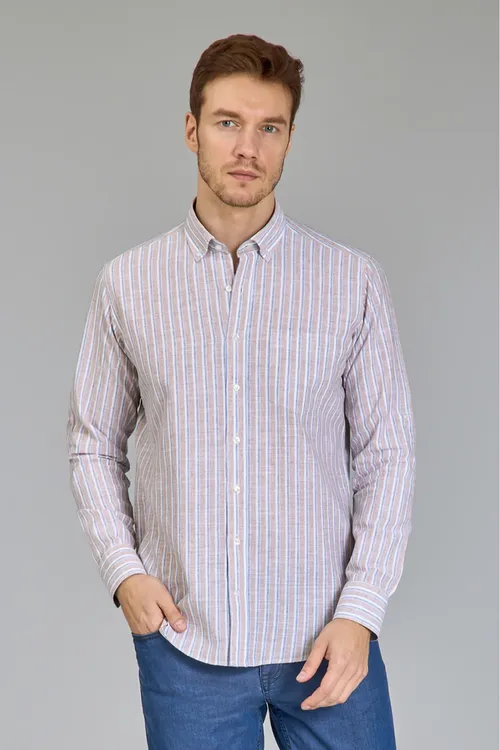 Regular Fit paşa ýakaly zolakly goňur pagta zygyr erkek köýnegi - 28104529